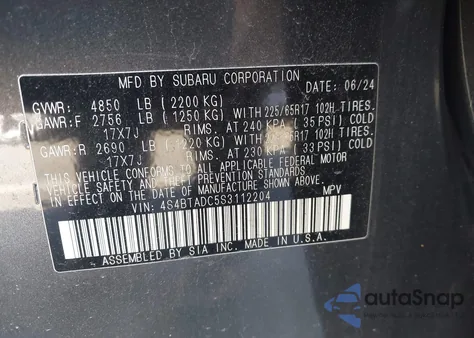 2025 Subaru Outback Premium z USA, uszkodzony, nr VIN 4S4BTADC5S3112204